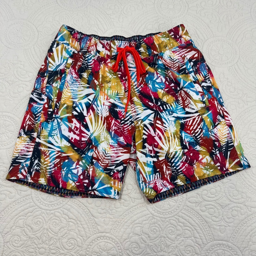 Robert Graham Mens Small Tropical Palm Print Swim Trunks Multicolor Board Shorts
